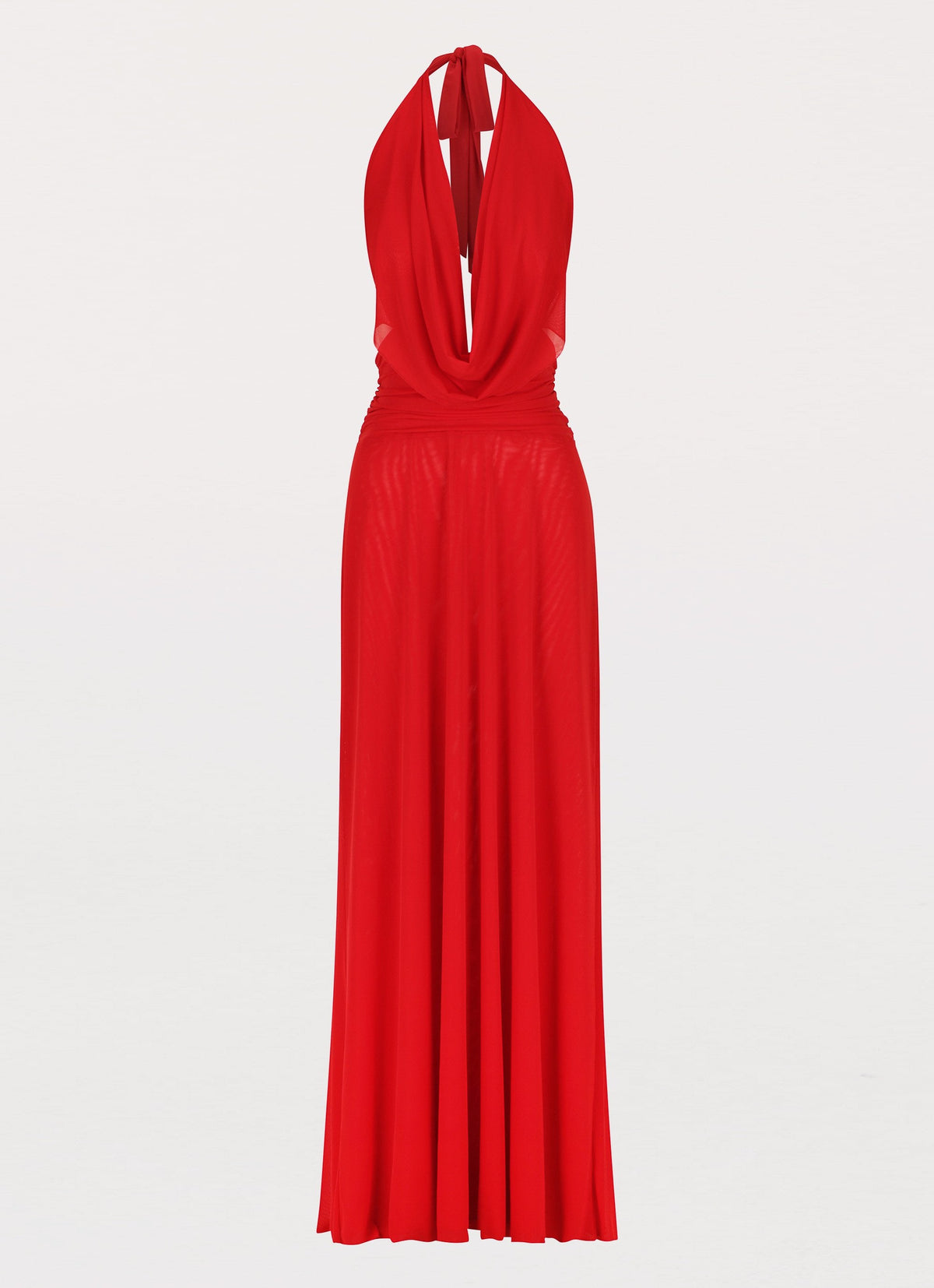 Womens Elysia Mesh Maxi Dress in the colour Cherry Red in front of a light grey background