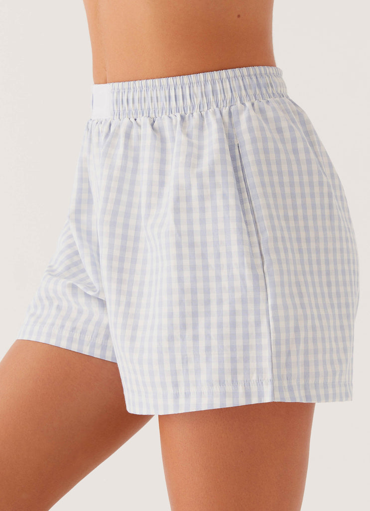 Womens Brightwell Boxer Shorts in the colour Blue Gingham in front of a light grey background