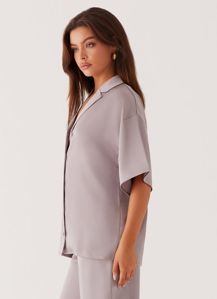 Womens Palm Cove Satin Shirt in the colour Grey in front of a light grey background