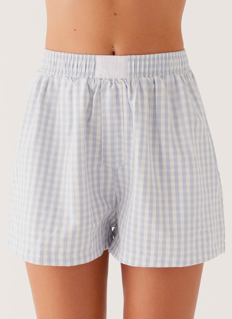 Womens Brightwell Boxer Shorts in the colour Blue Gingham in front of a light grey background