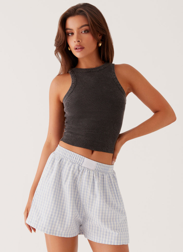 Womens Brightwell Boxer Shorts in the colour Blue Gingham in front of a light grey background