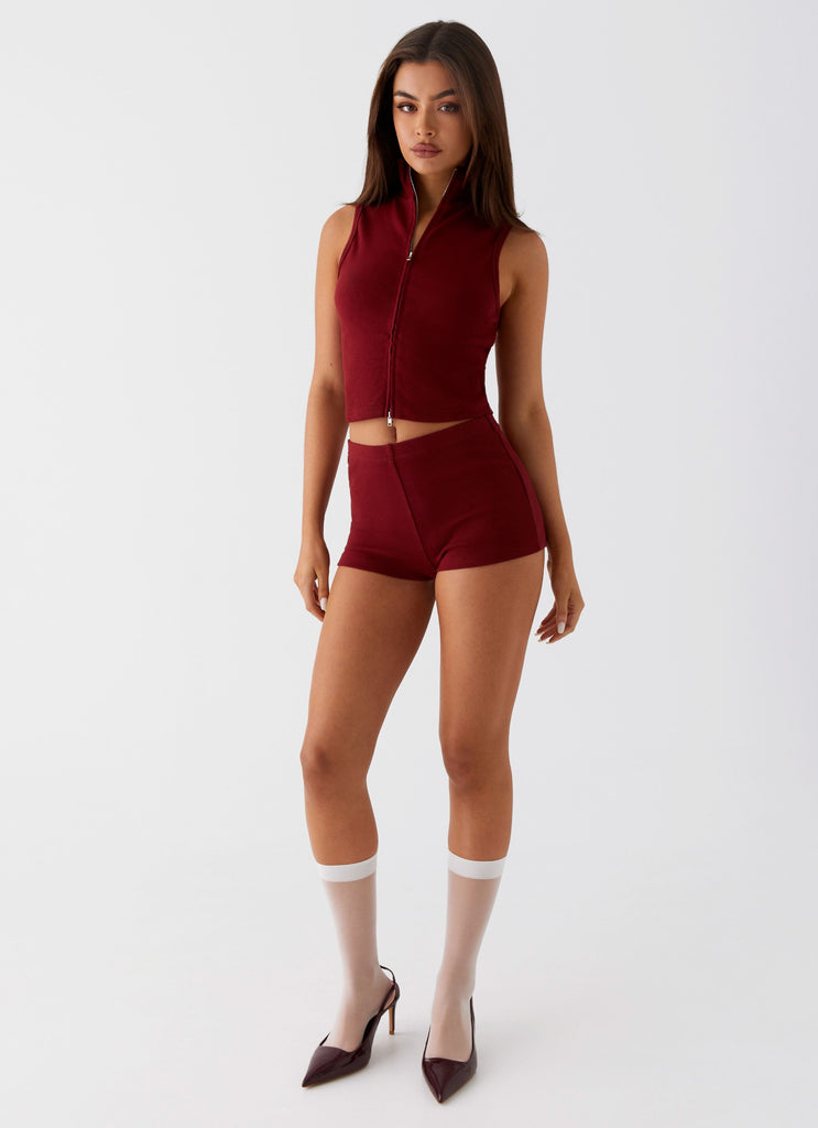 Womens Spectate Collar Top in the colour Maroon in front of a light grey background