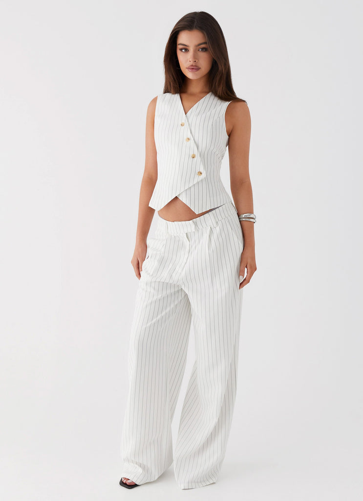 Womens Midnight City Suit Pants in the colour White Pinstripe in front of a light grey background