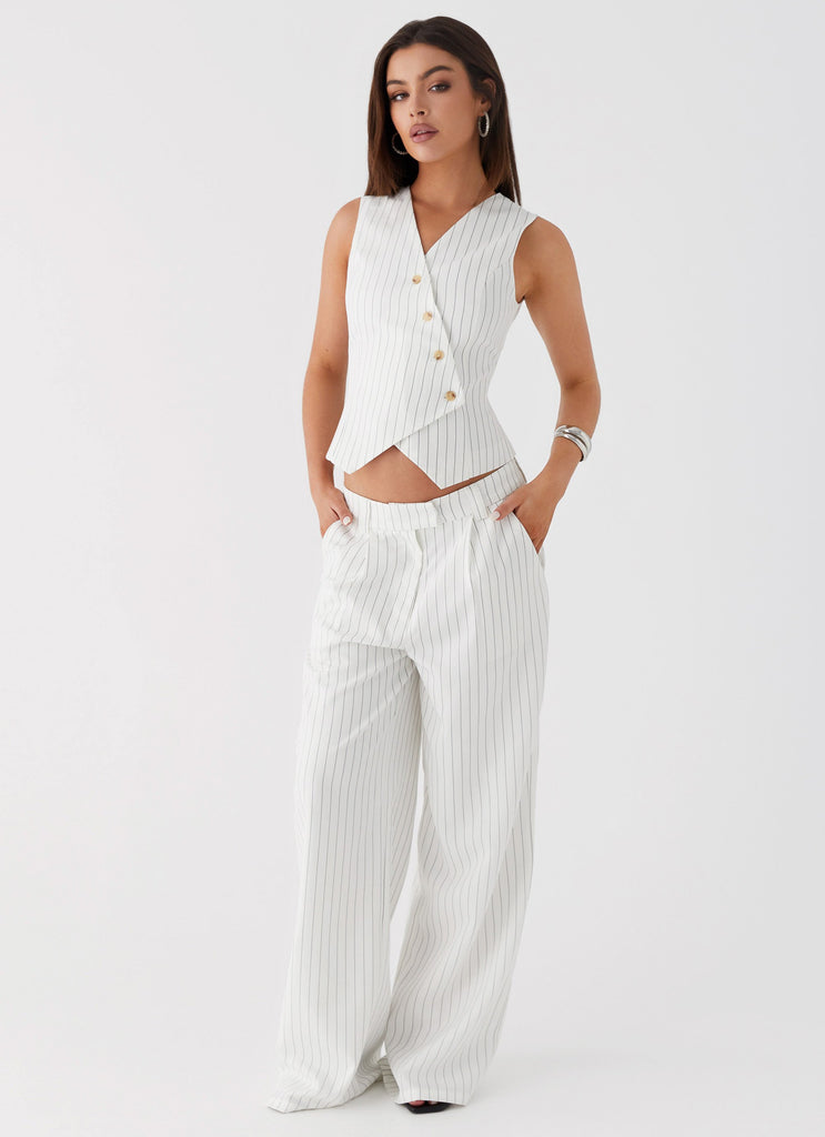 Womens Midnight City Suit Pants in the colour White Pinstripe in front of a light grey background