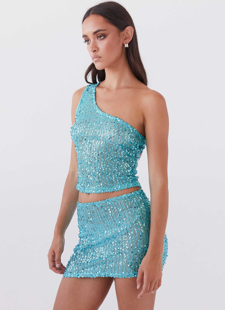 Womens Neon Nights Sequin Mini Skirt in the colour Crystal in front of a light grey background