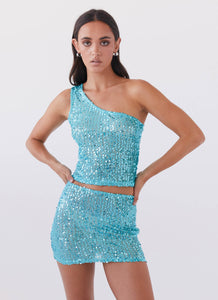 Womens Neon Nights Sequin Mini Skirt in the colour Crystal in front of a light grey background