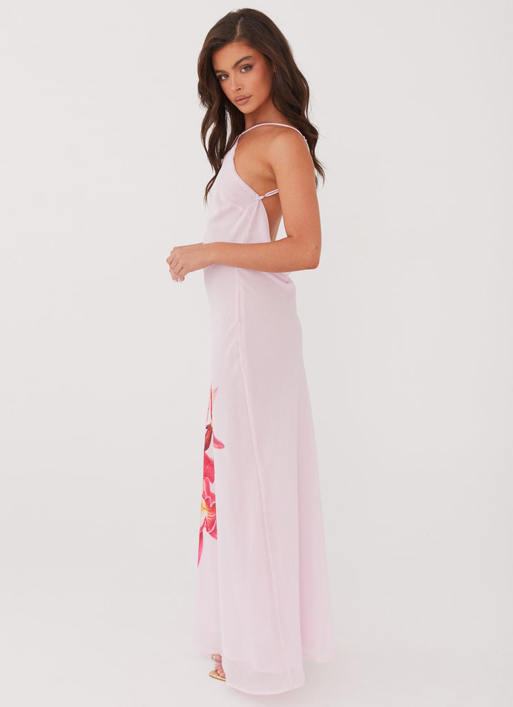 Womens Blossom Hearts Maxi Dress in the colour Pink Peony in front of a light grey background