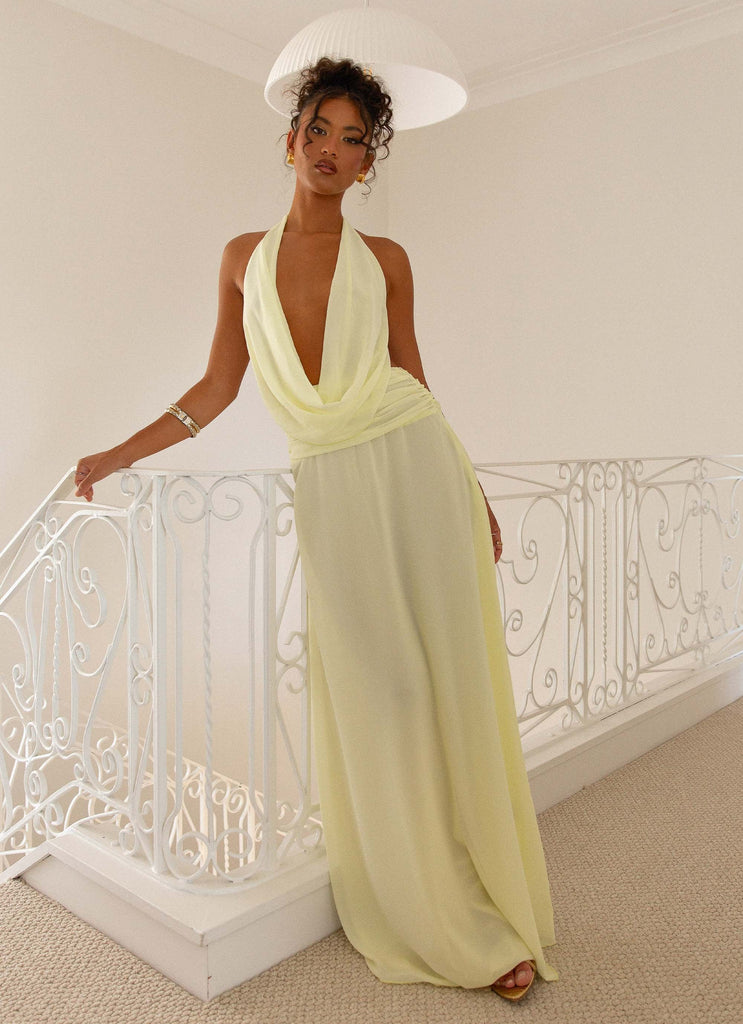 Womens Elysia Chiffon Maxi Dress in the colour Lemon in front of a light grey background