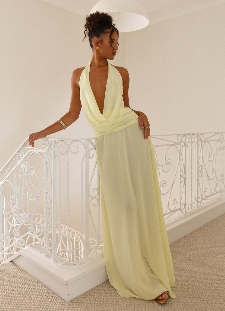 Womens Elysia Chiffon Maxi Dress in the colour Lemon in front of a light grey background