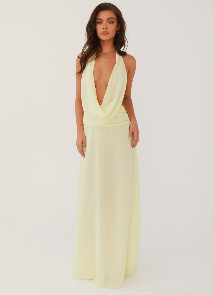 Womens Elysia Chiffon Maxi Dress in the colour Lemon in front of a light grey background