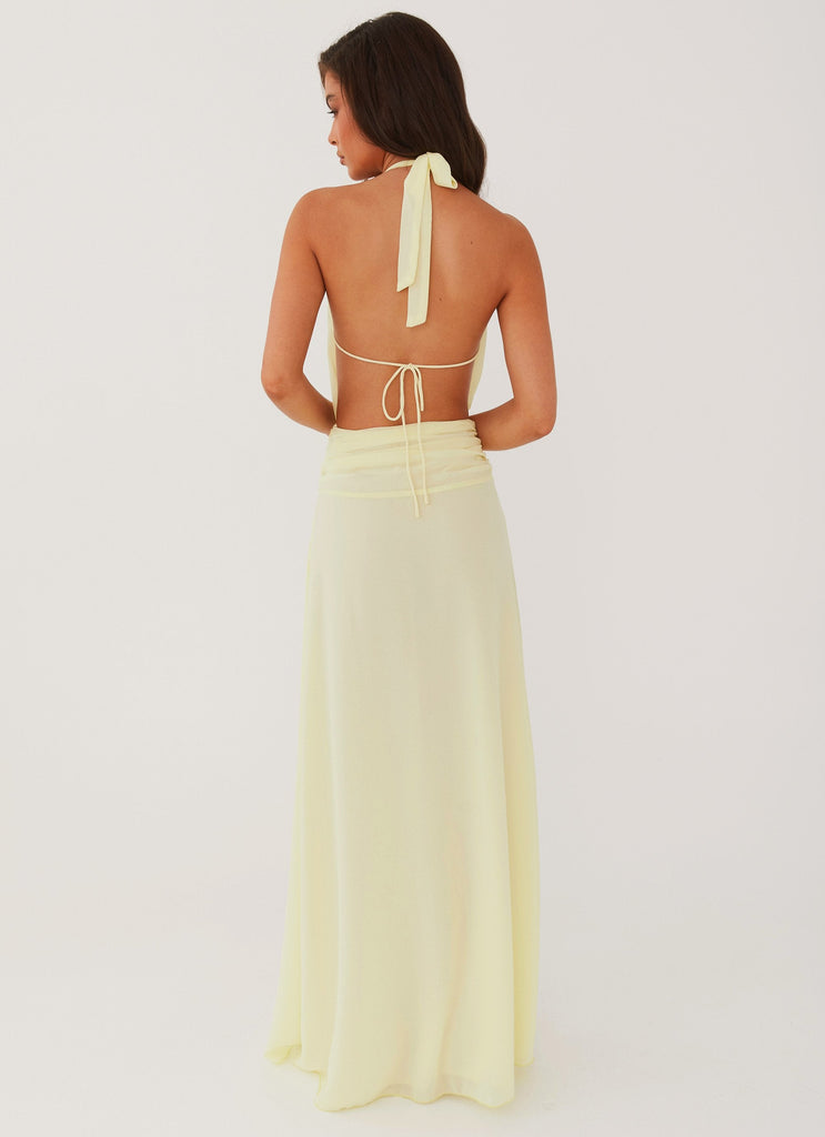 Womens Elysia Chiffon Maxi Dress in the colour Lemon in front of a light grey background