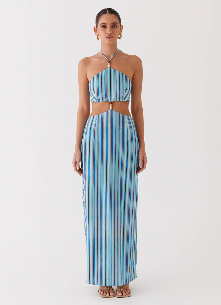 Womens Libby Linen Maxi Dress in the colour Blue Stripe in front of a light grey background