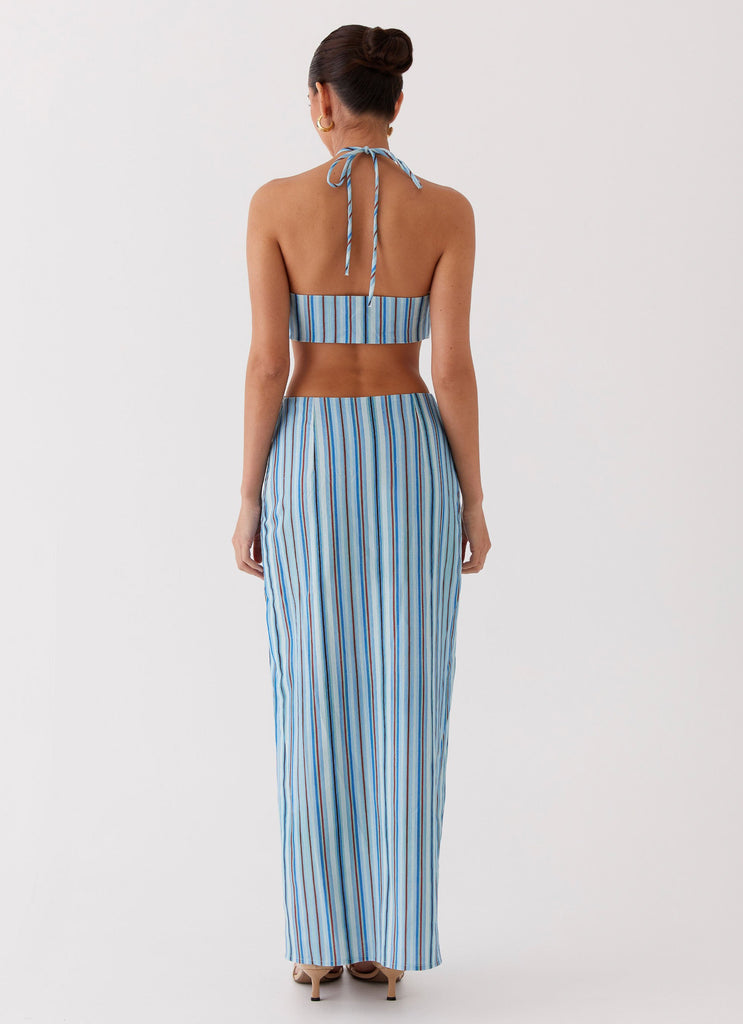 Womens Libby Linen Maxi Dress in the colour Blue Stripe in front of a light grey background