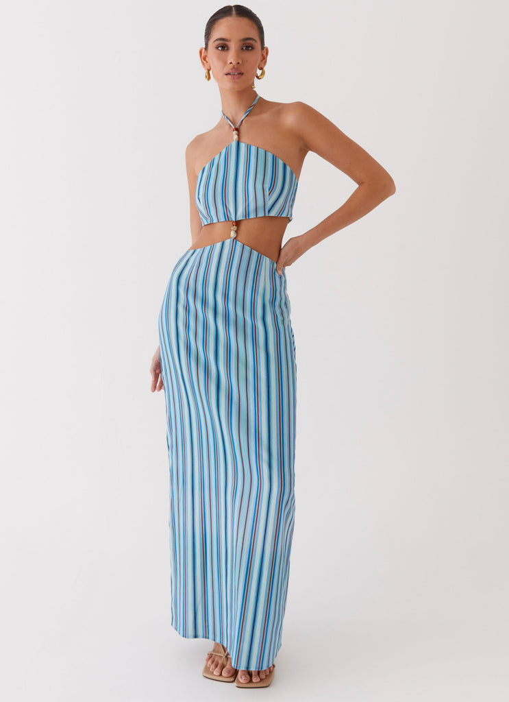 Womens Libby Linen Maxi Dress in the colour Blue Stripe in front of a light grey background