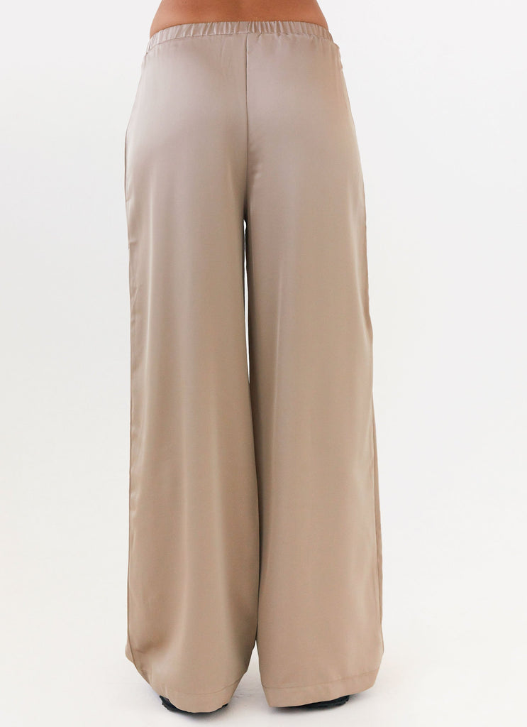 Womens Palm Cove Satin Pants in the colour Mushroom in front of a light grey background