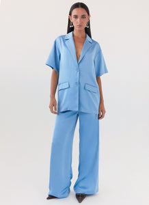 Womens Brinkley Oversized Satin Shirt in the colour Sky Blue in front of a light grey background