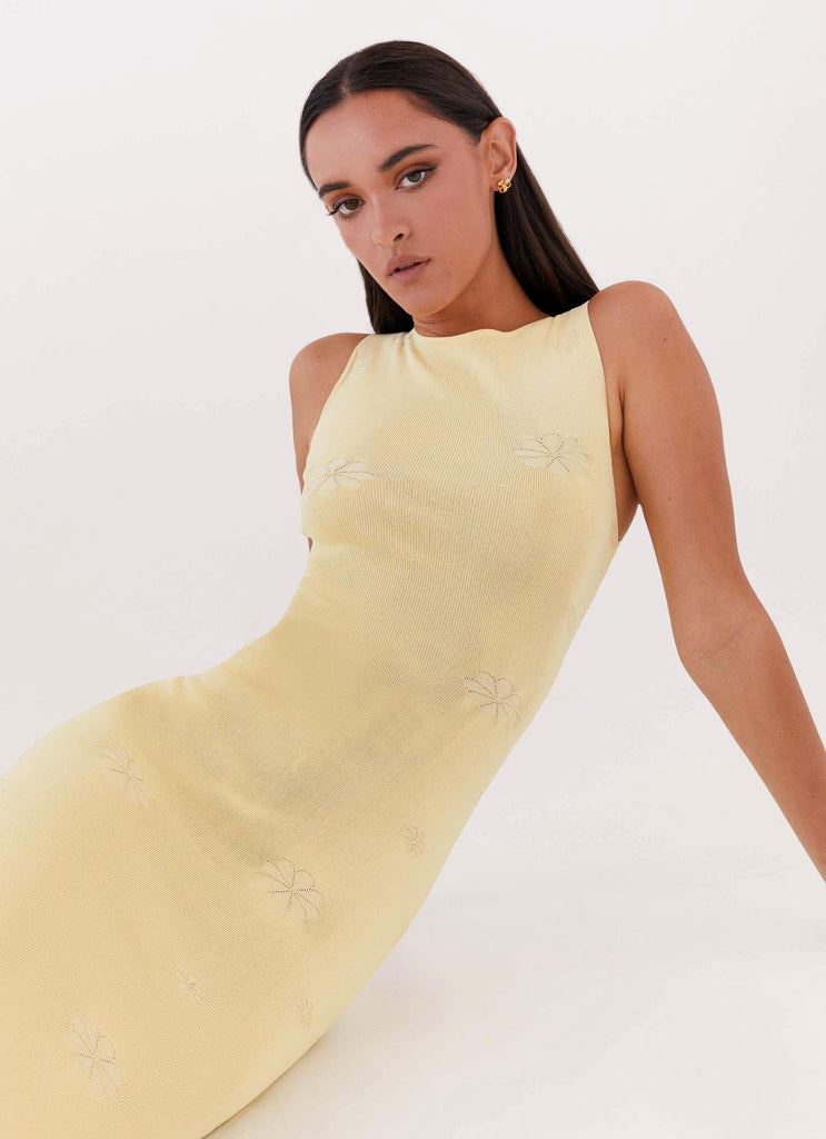 Womens Holly Knit Maxi Dress in the colour Yellow in front of a light grey background