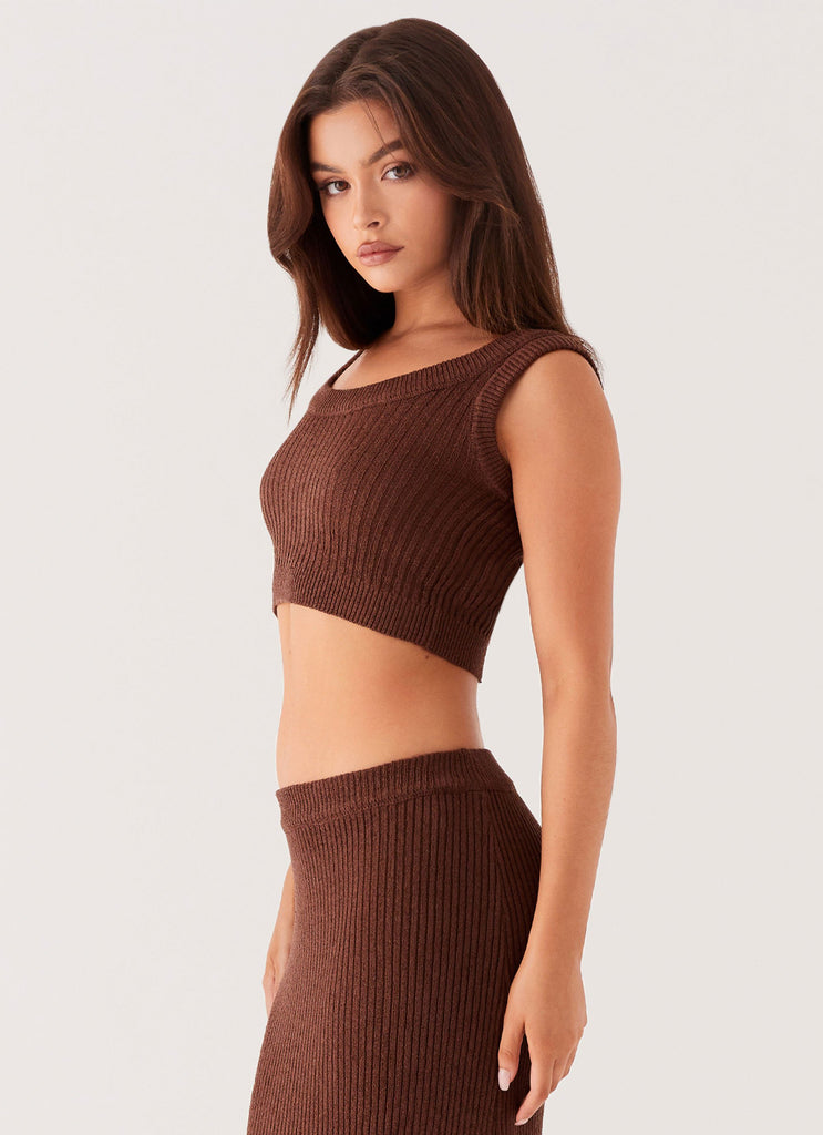 Womens Season Fever Knit Crop Top in the colour Chocolate in front of a light grey background