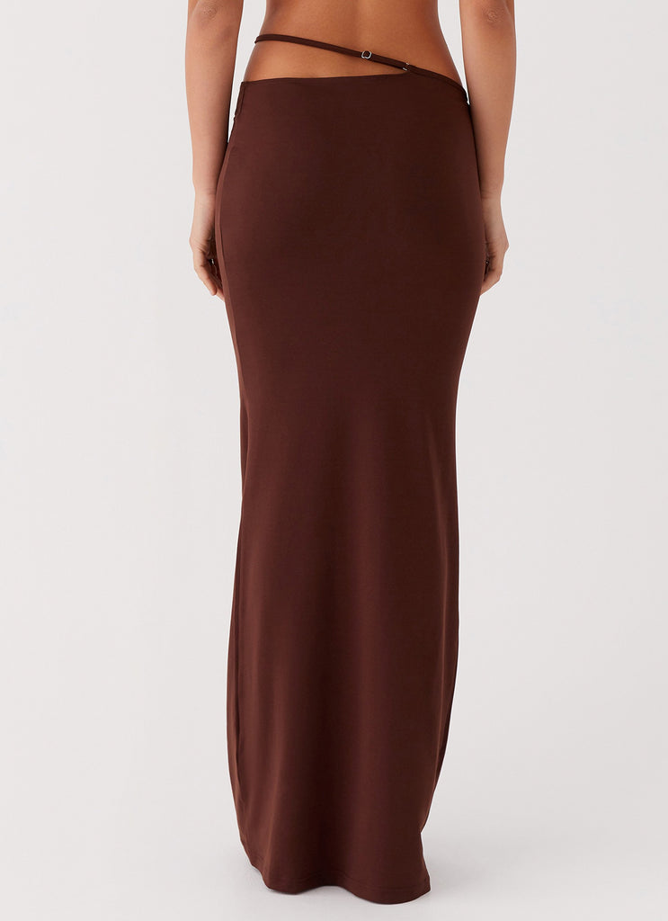 Womens Like You Do Low Rise Maxi Skirt in the colour Chocolate in front of a light grey background