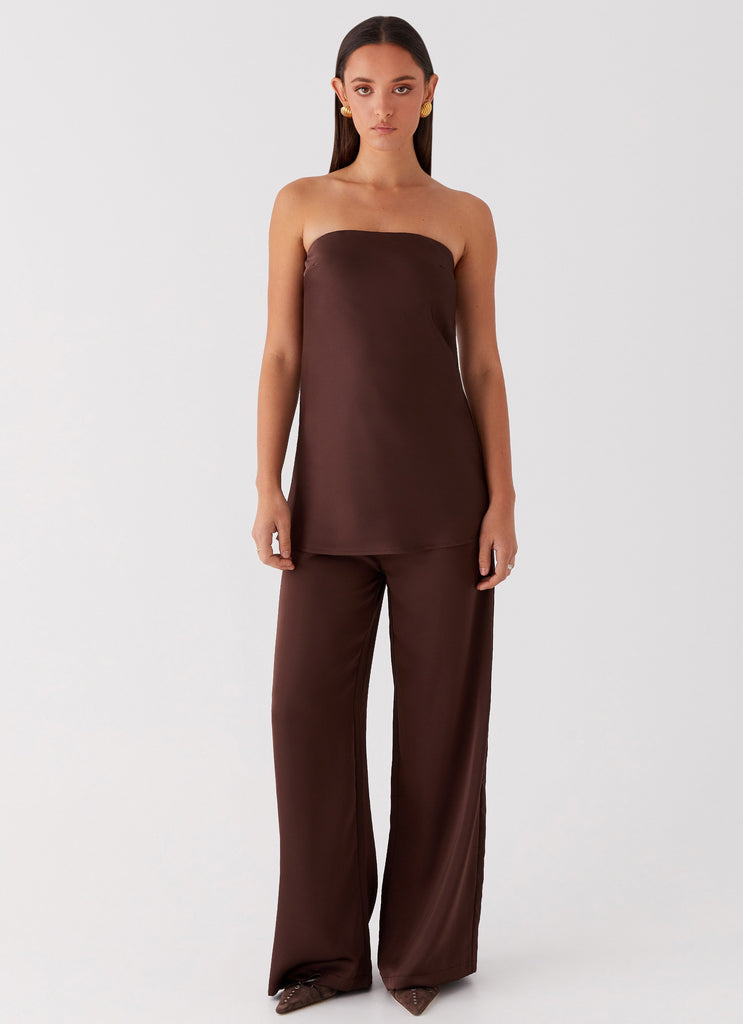 Womens Zoey Satin Tube Top in the colour Chocolate in front of a light grey background