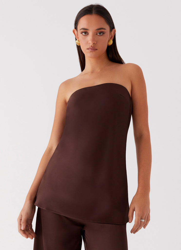 Womens Zoey Satin Tube Top in the colour Chocolate in front of a light grey background