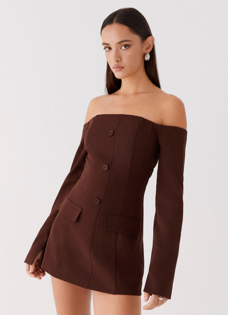 Womens Dominique Blazer Mini Dress in the colour Chocolate in front of a light grey background