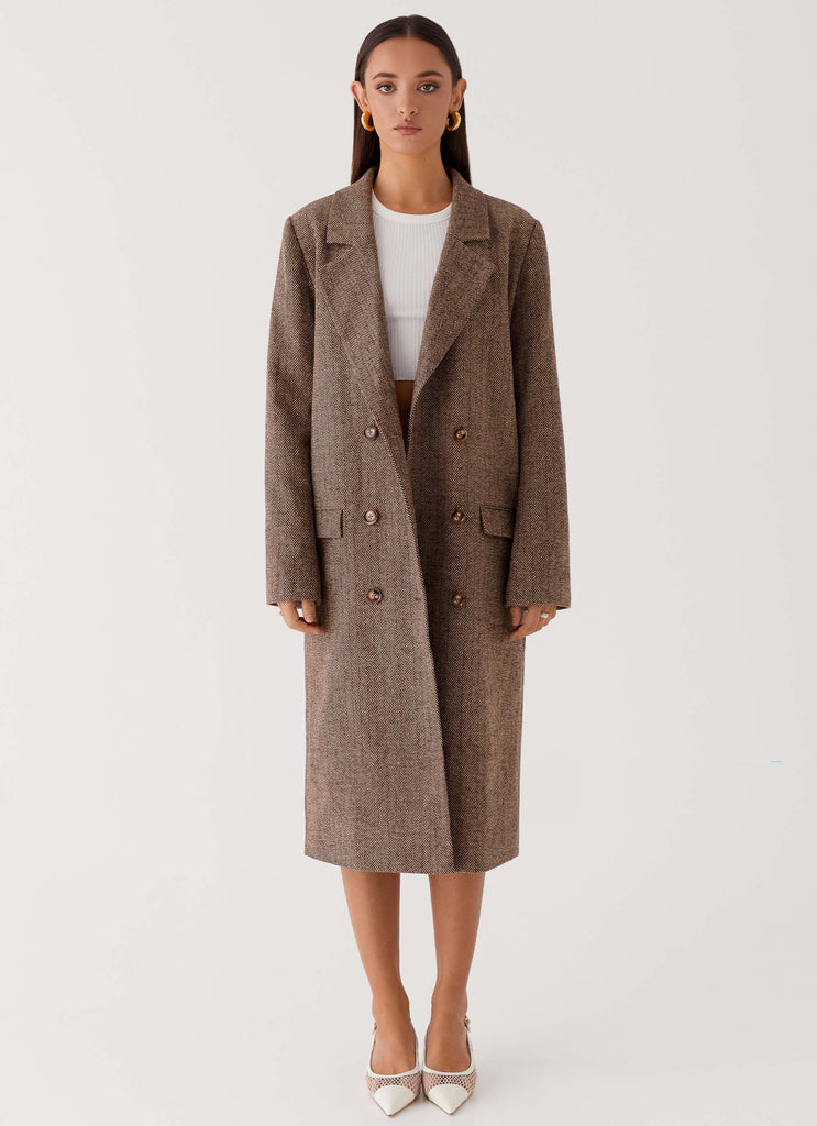 Womens Since Way Back Longline Coat in the colour Brown in front of a light grey background