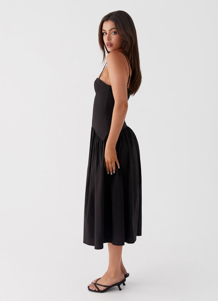 Womens Yvette Corset Midi Dress in the colour Black in front of a light grey background