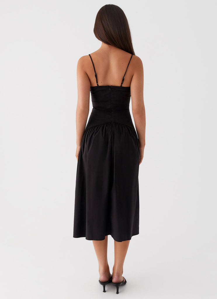 Womens Yvette Corset Midi Dress in the colour Black in front of a light grey background