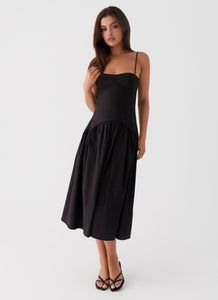 Womens Yvette Corset Midi Dress in the colour Black in front of a light grey background