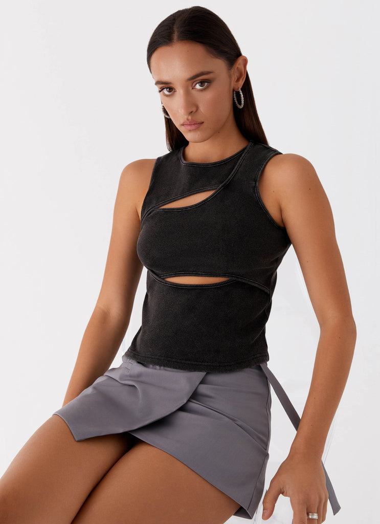 Womens Beyond Cut Out Ribbed Top in the colour Charcoal in front of a light grey background