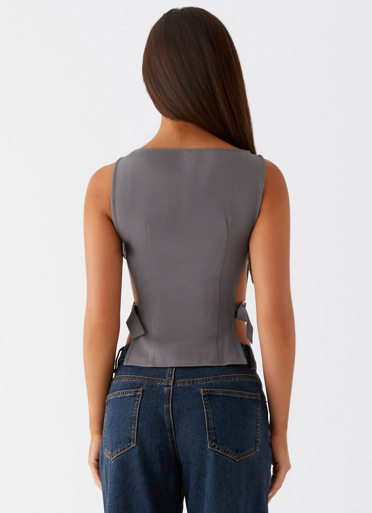 Womens Cherish You Buckle Top in the colour Charcoal in front of a light grey background