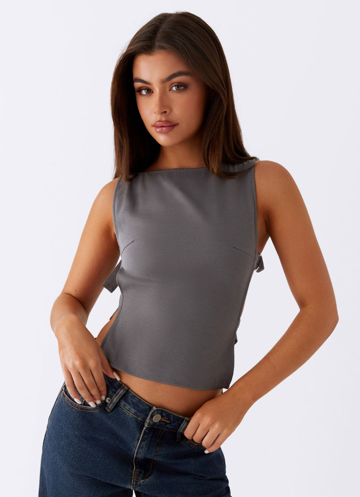 Womens Cherish You Buckle Top in the colour Charcoal in front of a light grey background