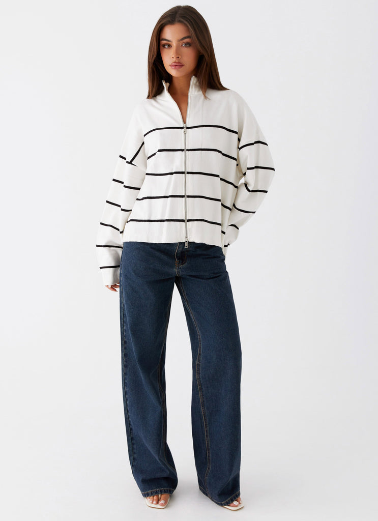 Womens Kimmy Oversized Knit Cardigan in the colour Ivory Stripe in front of a light grey background
