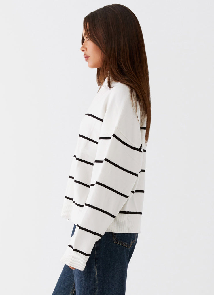 Womens Kimmy Oversized Knit Cardigan in the colour Ivory Stripe in front of a light grey background