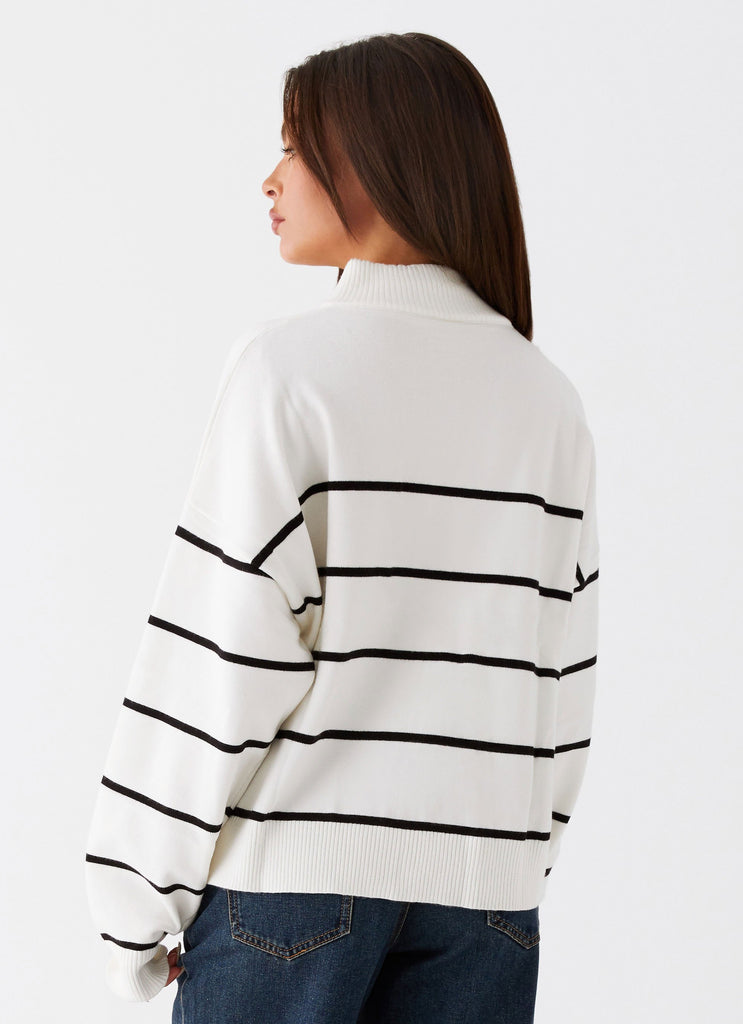Womens Kimmy Oversized Knit Cardigan in the colour Ivory Stripe in front of a light grey background