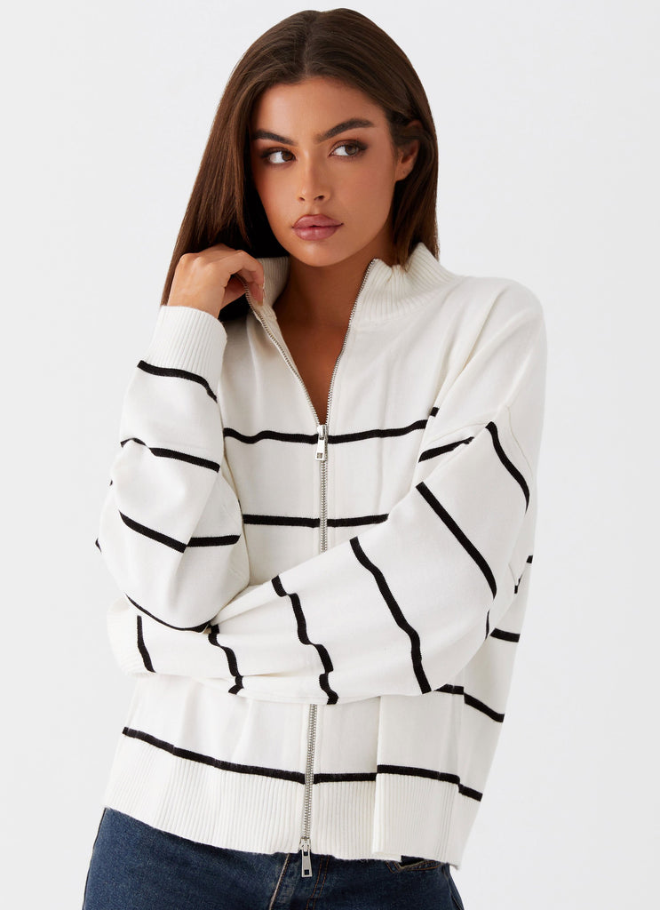 Womens Kimmy Oversized Knit Cardigan in the colour Ivory Stripe in front of a light grey background