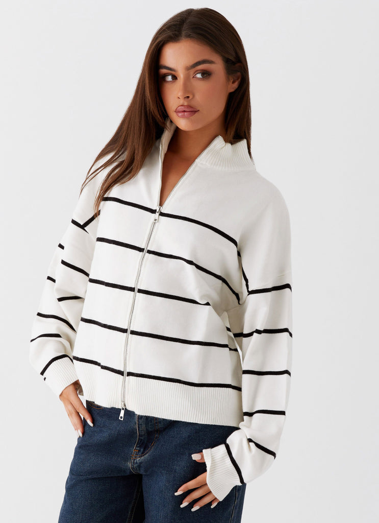 Womens Kimmy Oversized Knit Cardigan in the colour Ivory Stripe in front of a light grey background