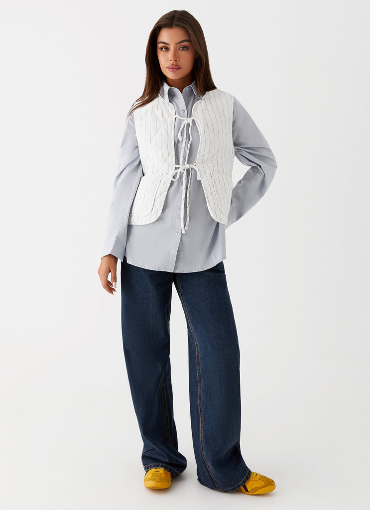 Womens Celini Quilted Vest in the colour White Pinstripe in front of a light grey background