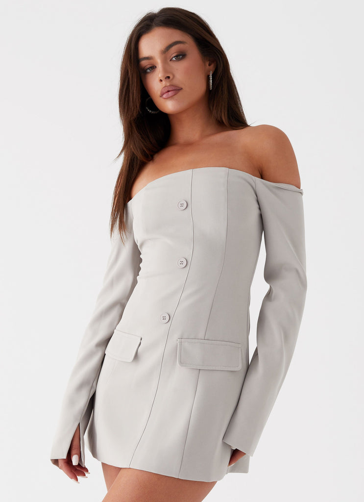 Womens Dominique Blazer Mini Dress in the colour Grey in front of a light grey background