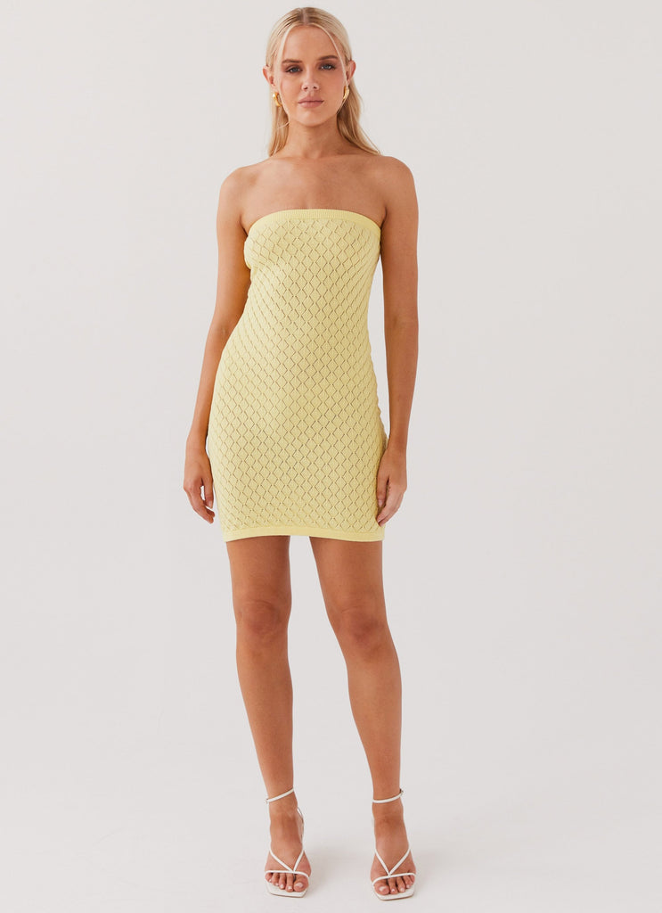 Womens Lifeline Knit Tube Mini Dress in the colour Lemon in front of a light grey background