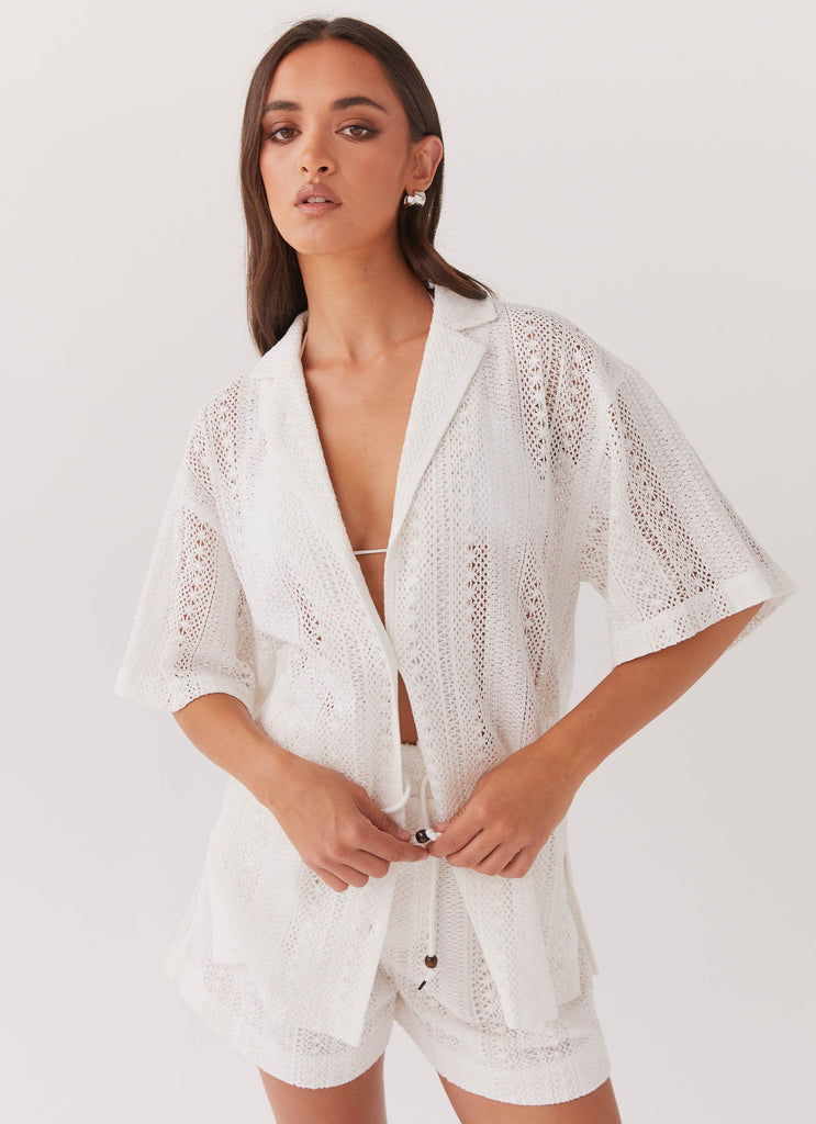 Womens Sun Catcher Knit Oversized Shirt in the colour Ivory in front of a light grey background