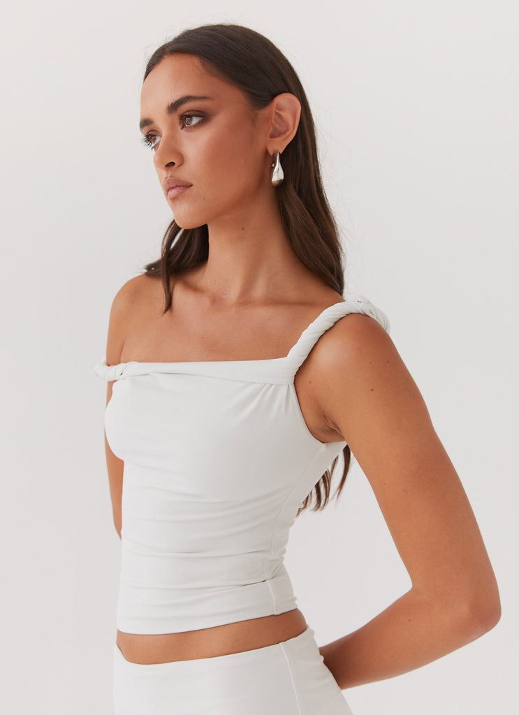 Womens Solace Soul Twist Shoulder Top in the colour Ivory in front of a light grey background