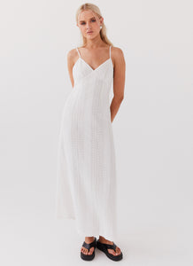 Womens Riveria Knit Maxi Dress in the colour White in front of a light grey background