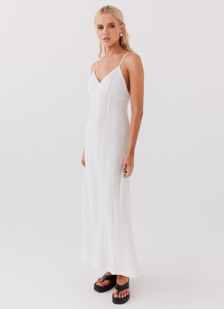 Womens Riveria Knit Maxi Dress in the colour White in front of a light grey background