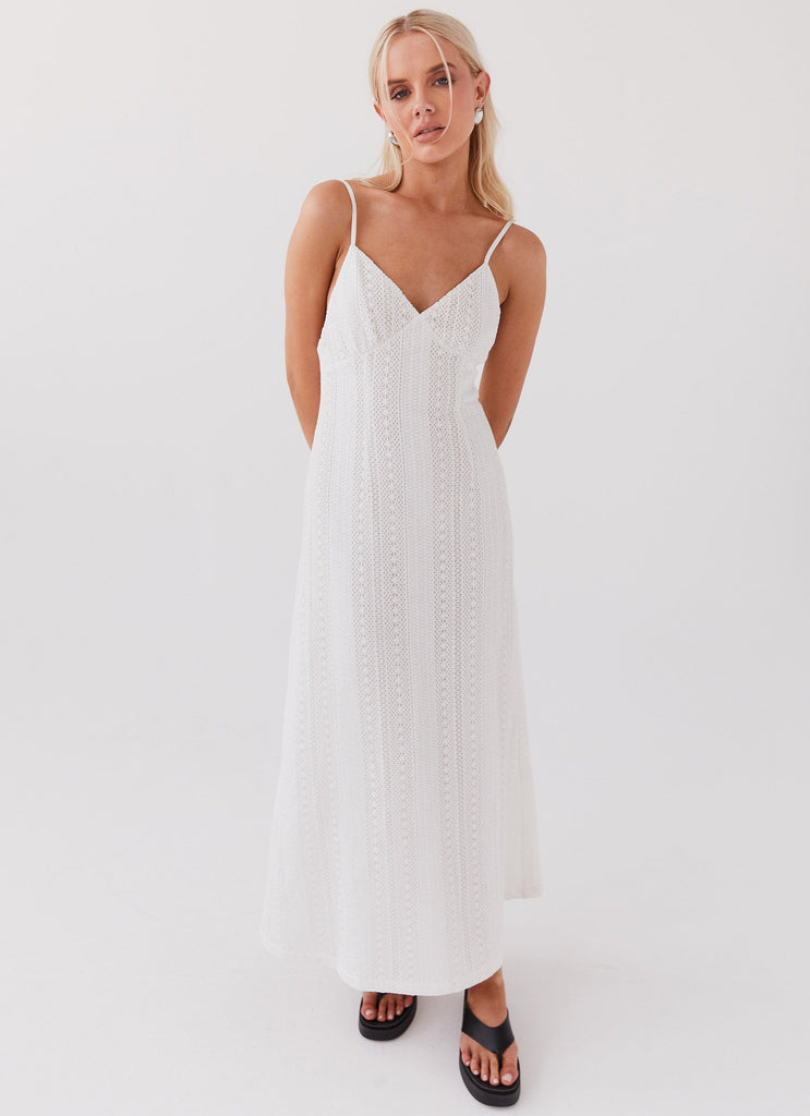 Womens Riveria Knit Maxi Dress in the colour White in front of a light grey background