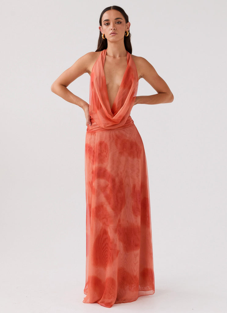 Womens Elysia Chiffon Maxi Dress in the colour Fiery Fusion in front of a light grey background