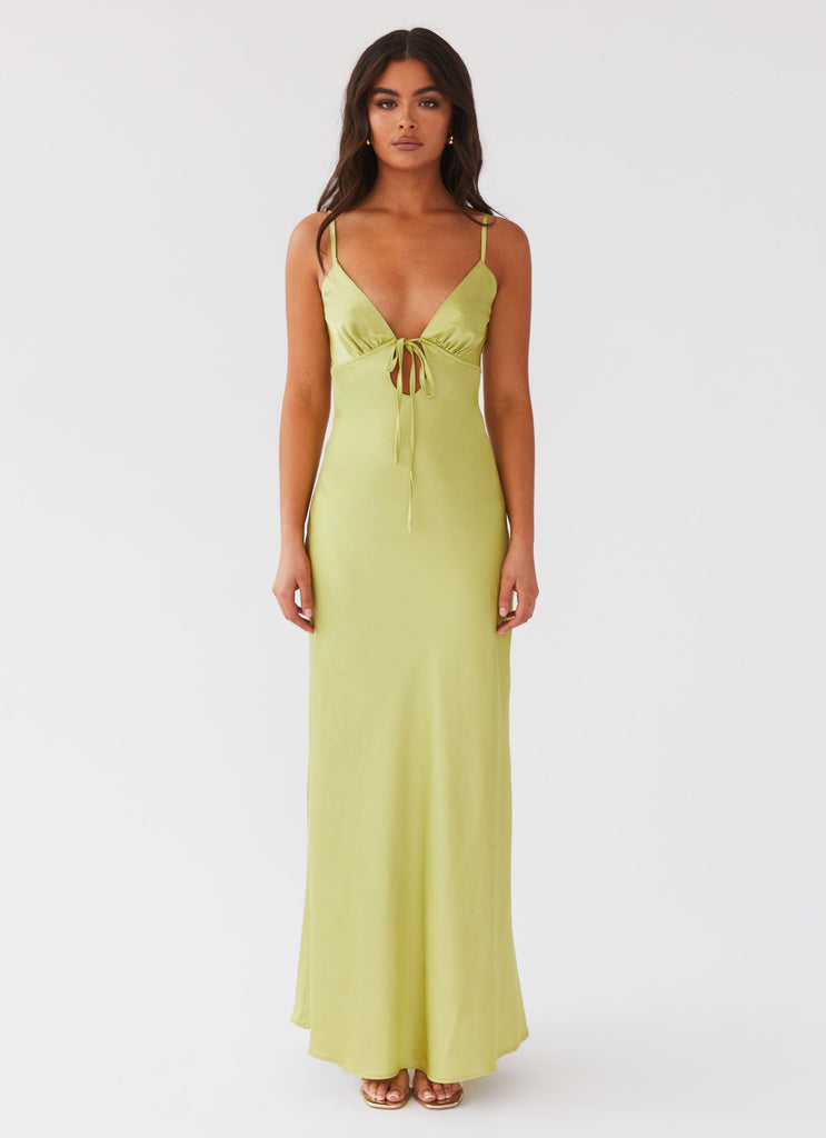 Womens Flora Satin Maxi Dress in the colour Green Expectations in front of a light grey background