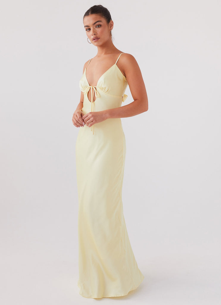 Womens Flora Satin Maxi Dress in the colour Lemon in front of a light grey background