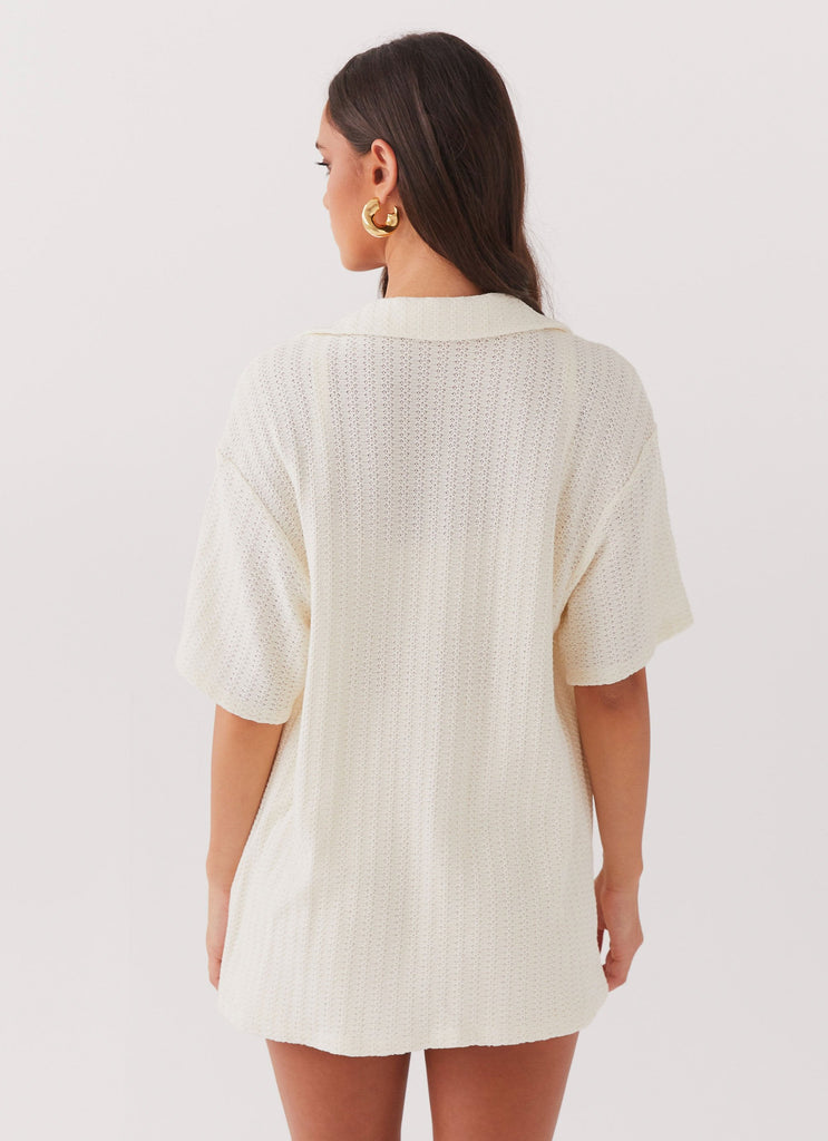 Womens By The Bay Oversized Knit Shirt in the colour Ivory in front of a light grey background